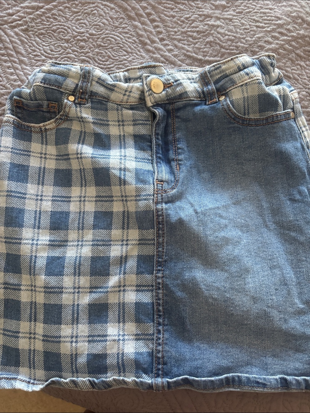 wonder nation Blue Plaid and Denim Mix Skirt